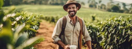 portrait of farmer on arabica coffee plantation,holding cup of coffee, banner , AI Generativeの素材