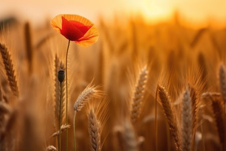 Rich harvest. backdrop of ripening ears of yellow wheat field on the sunset and a poppy , cloudy orange sky background. AI Generativeの素材