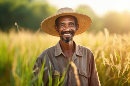 Portrait of smiling farmer in hat standing in field , AI Generativeの素材