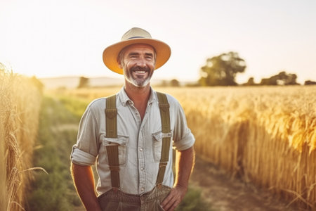 Portrait of smiling farmer in hat standing in field , AI Generativeの素材