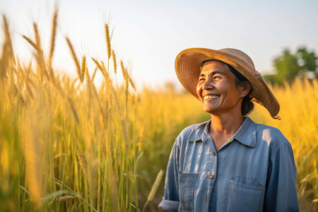 Portrait of smiling farmer in hat standing in field , AI Generativeの素材