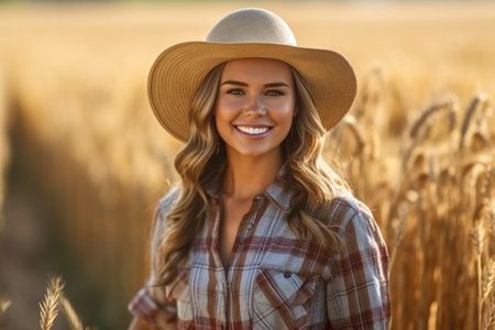 Portrait of young smiling female farmer in hat standing in field , AI Generativeの素材