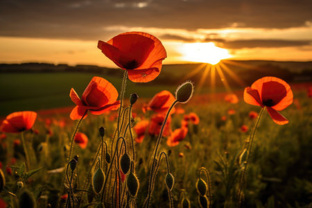 Beautiful field of red poppies in the sunset light. AI Generativeの素材