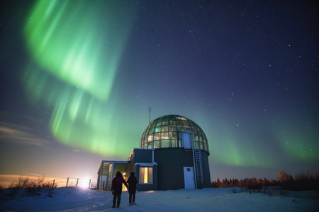 Northern lights and glass building, snow landscape, AI Generativeの素材