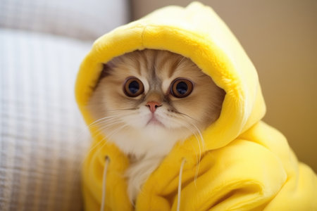 A cute white cat in a yellow coat at home, AI Generativeの素材