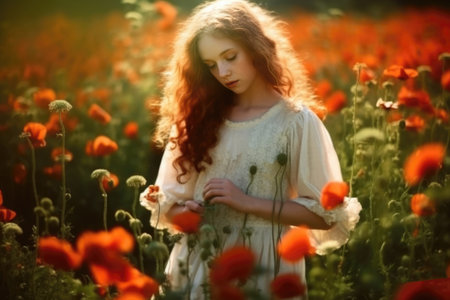 young beautiful woman in summer dress in poppies field. Warm sunset colors. Soft colors., AI Generativeの素材