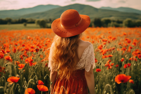 young beautiful woman in summer dress in poppies field. Warm sunset colors. Soft colors, view from behind, AI Generativeの素材
