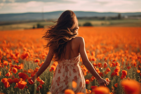 young beautiful woman in summer dress in poppies field. Warm sunset colors. Soft colors, view from behind, AI Generativeの素材