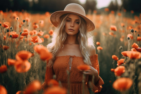 young beautiful woman in summer dress in poppies field. Warm sunset colors. Soft colors., AI Generativeの素材
