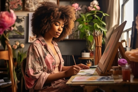 young woman relaxing and painting a picture , AI Generativeの素材