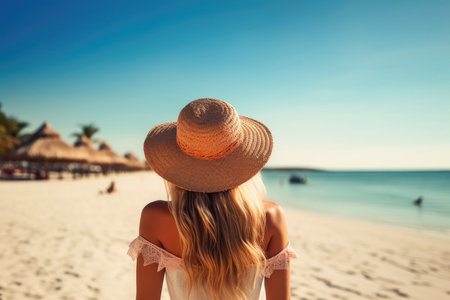 Back view young happiness traveler woman standing on beautiful sandy beach. ai generatedの素材