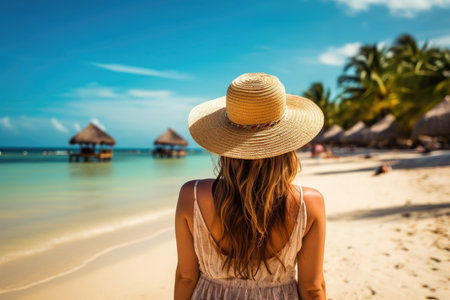 Back view young happiness traveler woman standing on beautiful sandy beach. ai generatedの素材
