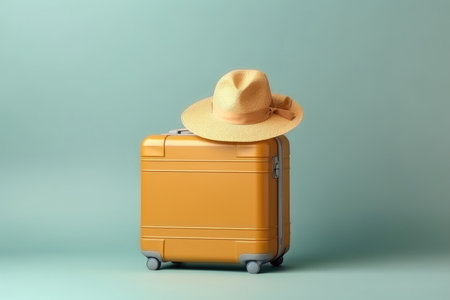 Yellow suitcase with sun glasses and hat on yellow background. travel concept. minimal style. ai generatedの素材