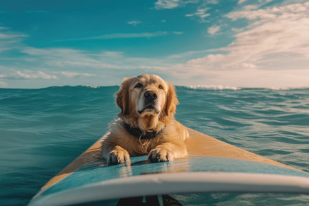 dog on a sup board. Summer sport ai generatedの素材