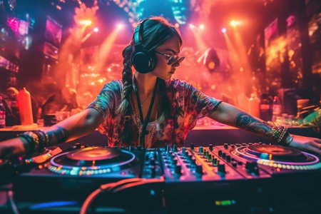Night club, night life concept. DJ hands hold microphone and DJ mixing remote, ai generatedの素材