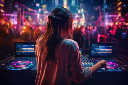 Night club, night life concept. DJ hands hold microphone and DJ mixing remote, ai generatedの素材