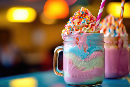 Delicious sweet milkshake in glass jar with cream. ai generatedの素材
