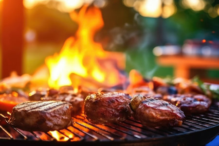 grilling lamb ribs on hot flame, barbecue cooking in the evening and sunset. ai generatedの素材