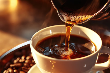 ,glass teapot on wooden tray with freshly brewed coffee on dark background. AI Generatedの素材