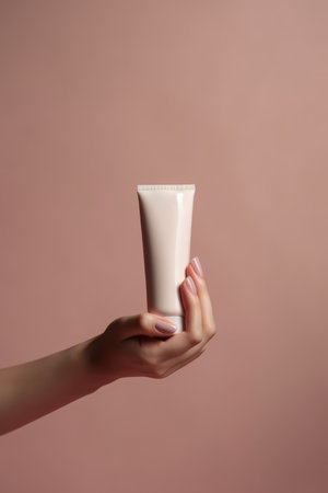 hand holding cosmetic cream white plastic tube mockup front view. hand cream bottle. AI Generativeの素材