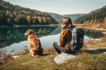 Active people in nature concept. portrait of woman and her dog enjoying hiking. AI Generativeの素材