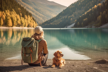 Active people in nature concept. portrait of woman and her dog enjoying hiking. AI Generativeの素材