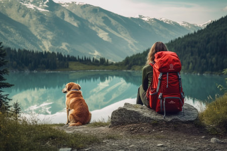 Active people in nature concept. portrait of woman and her dog enjoying hiking. AI Generativeの素材