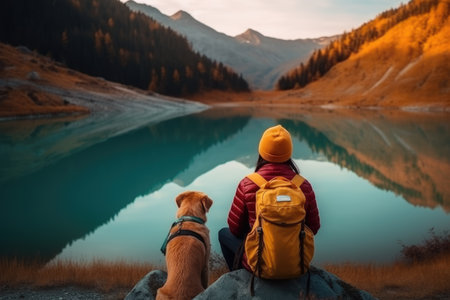 Active people in nature concept. portrait of woman and her dog enjoying hiking. AI Generativeの素材
