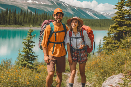 Active people in nature concept. couple with backpacks enjoying hiking. AI Generativeの素材