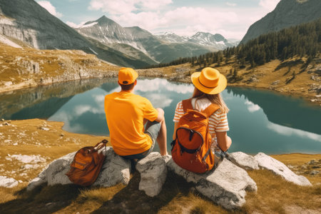 Active people in nature concept. couple with backpacks enjoying hiking. AI Generativeの素材