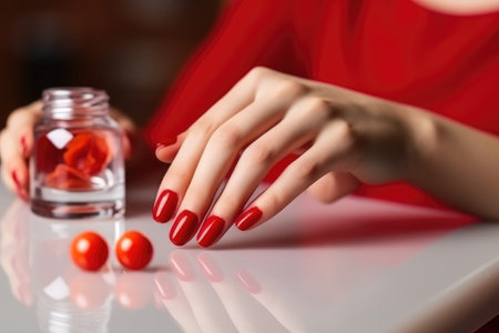 Closeup of woman hand with perfect red manicure. AI Generatedの素材