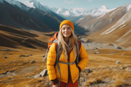 Active people in nature concept. portrait of woman with backpack and bright clothes enjoying hiking. AI Generativeの素材