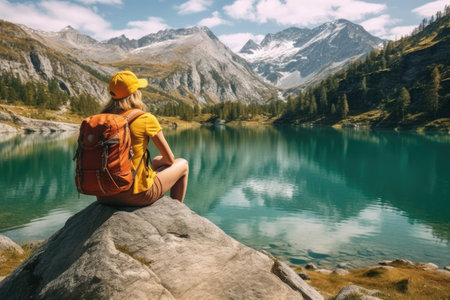Active people in nature concept. Backpacker woman with backpack enjoying the turquoise mountain lake. AI Generativeの素材