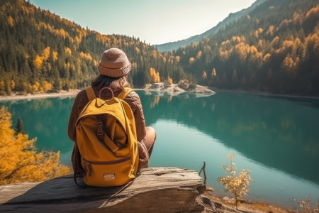 Active people in nature concept. Backpacker woman with backpack enjoying the turquoise mountain lake. AI Generativeの素材