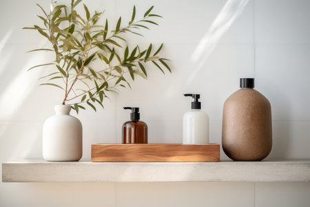 Minimalistic Scandinavian interior. Dishes on white shelves. White details in the interior, AI generatedの素材