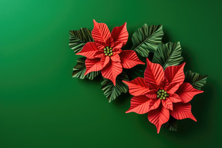 merry christmas. New year top view flat lay cookies on green background with poinsettia flower. AI Generativeの素材