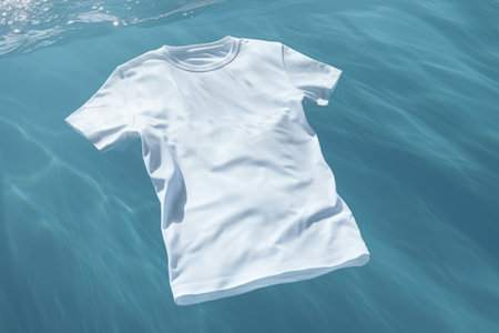 White tshirt mockup floatinf on water surface with flowers, creative shirt presentation, AI Generativeの素材