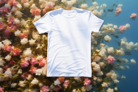 White tshirt mockup floatinf on water surface with flowers, creative shirt presentation, AI Generativeの素材