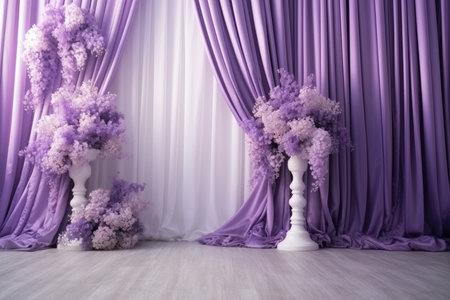 Abstract violet 3d studio background. room with flowers columns curtains AI generatedの素材