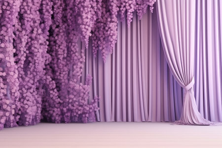 Abstract violet 3d studio background. room with flowers columns curtains AI generatedの素材
