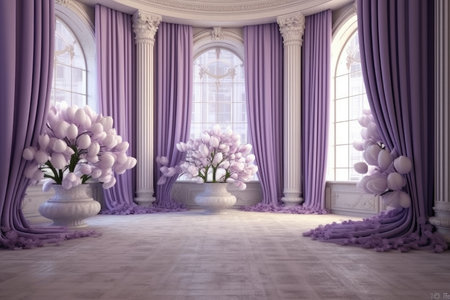 Abstract violet 3d studio background. room with flowers columns curtains AI generatedの素材