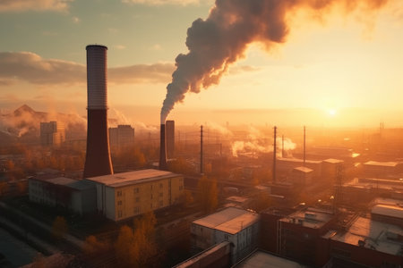 Smoke from heating station in big city at sunset Smokestack pipes, AI generatedの素材