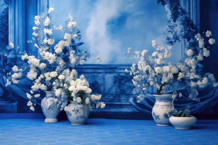 Abstract blue 3d studio background. room with flowers columns curtains AI generatedの素材