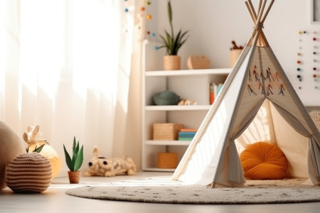 White fabric kids teepee and Native American decor in the interior of the children's room, AI generatedの素材