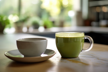 Green matcha tea drink on kitchen counter. Japanese tea ceremony concept. copyspace. AI Generatedの素材