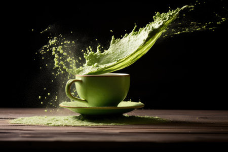 Green matcha tea drink with splash on dark background. Japanese tea ceremony concept. copyspace. AI Generatedの素材