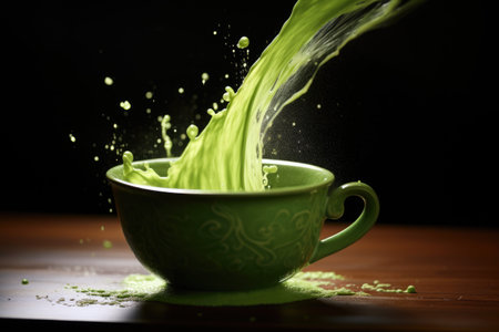 Green matcha tea drink with splash on dark background. Japanese tea ceremony concept. copyspace. AI Generatedの素材