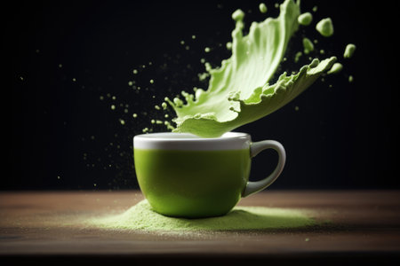 Green matcha tea drink with splash on dark background. Japanese tea ceremony concept. copyspace. AI Generatedの素材