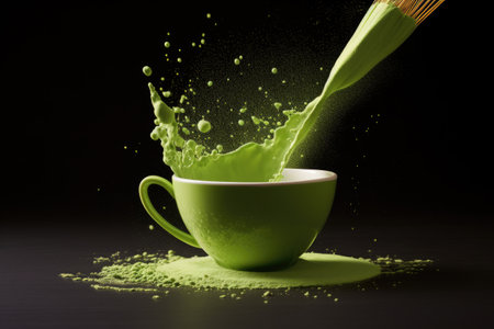 Green matcha tea drink with splash on dark background. Japanese tea ceremony concept. copyspace. AI Generatedの素材