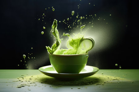 Green matcha tea drink with splash on dark background. Japanese tea ceremony concept. copyspace. AI Generatedの素材